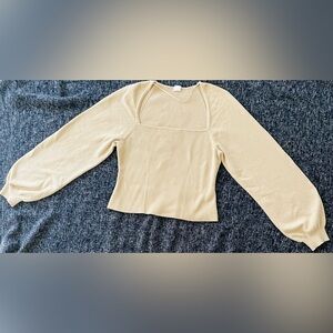 Beige Ribbed Crop Top with Balloon Sleeves